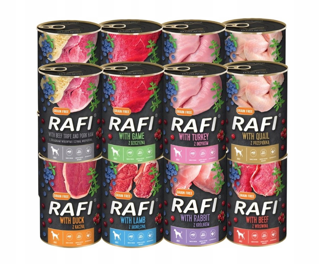 Levně Vlhké krmivo Rafi mix chutí 16x400g Dolina Noteci Bez Obilí