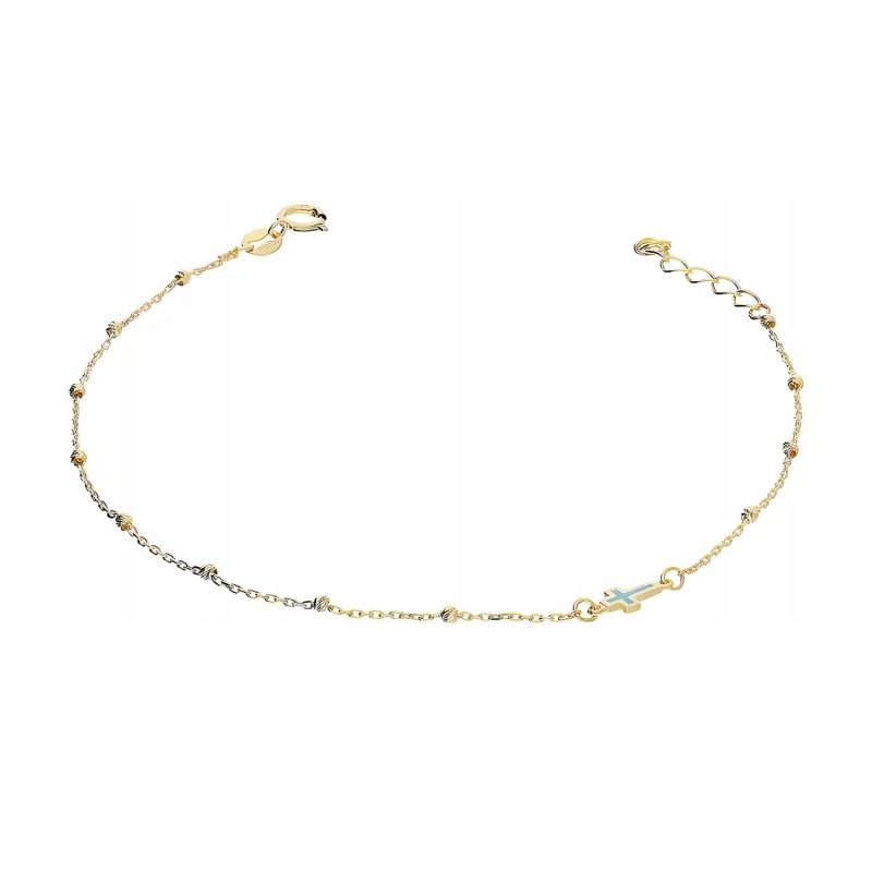 Krásný dámský zlatý náramek 585 14kt s křížkem a modrou smaltovanou barvou