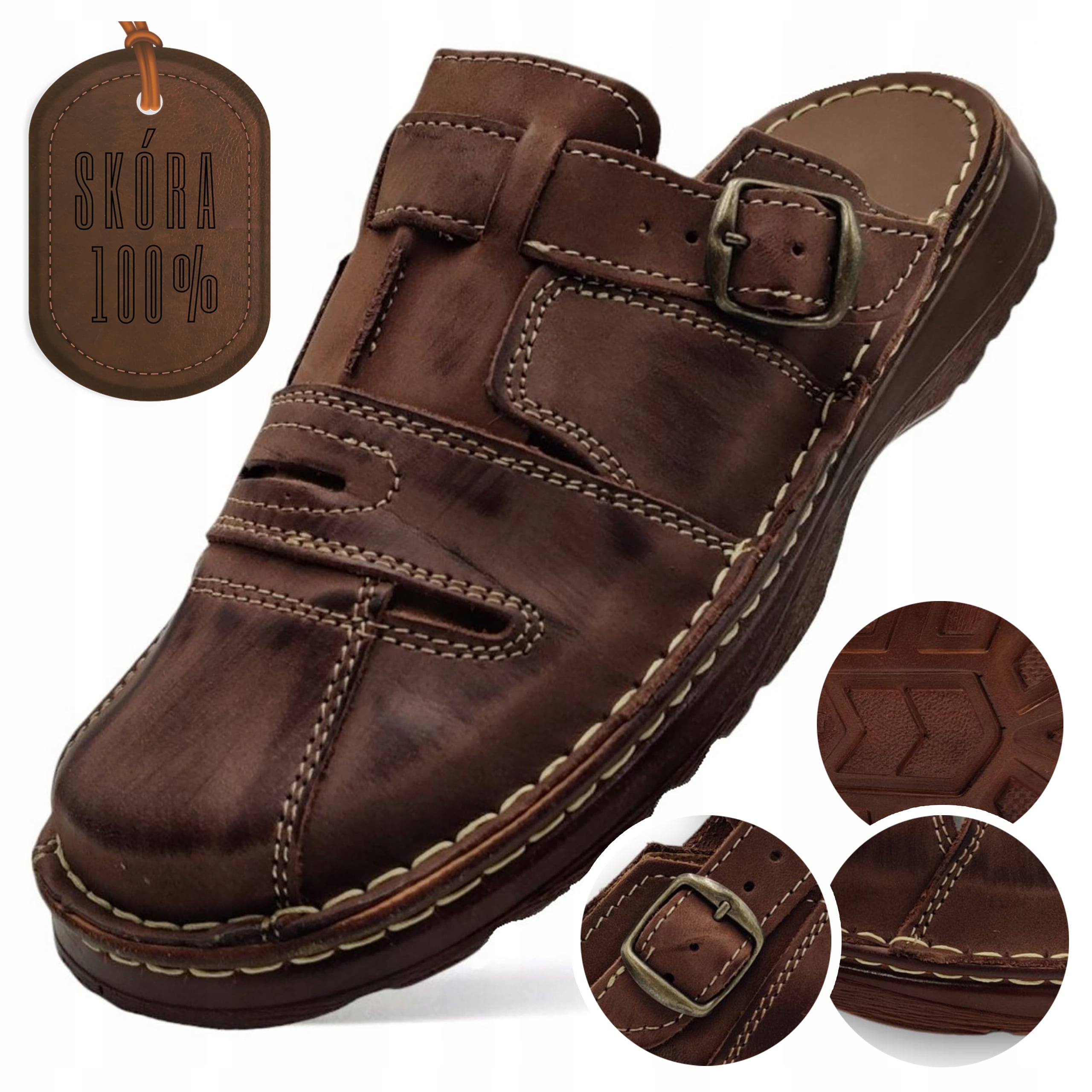 Klapki Męskie Skórzane Klasyczne Polskie Ciemne Brązowe Ze Skóry Letnie 44