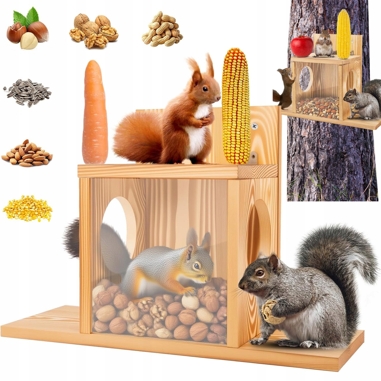 Levně Závěsné krmítko pro veverky, venkovní krmítko pro veverky Dřevo