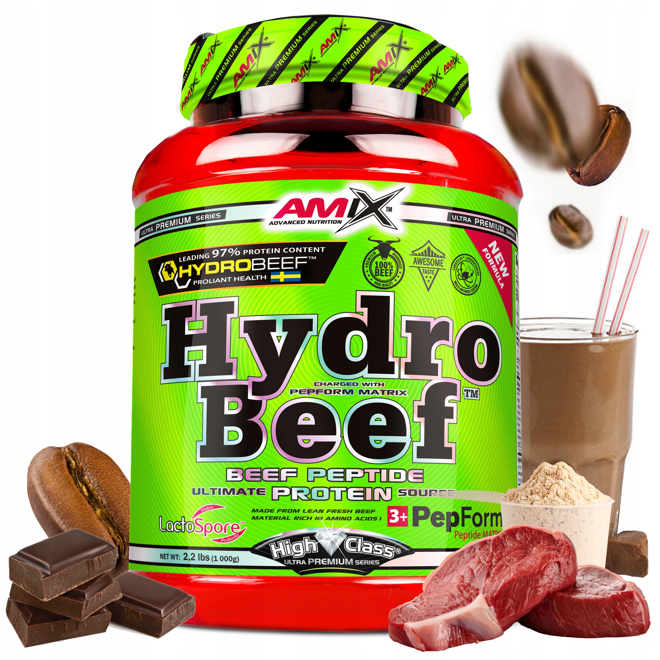 Glycin Bílkovina Hovězí Wpi Wph Amix Hydro Beef 1 kg Čokoláda Káva Mocha