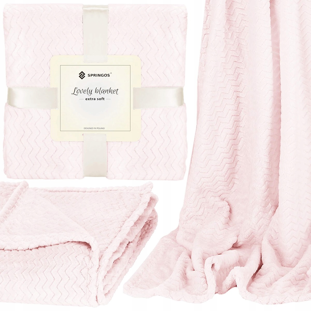 DUŻY KOC PLED MIĘKKI GRUBY NARZUTA W JODEŁKĘ 200x220 cm PLUSZOWA BLADY RÓŻ