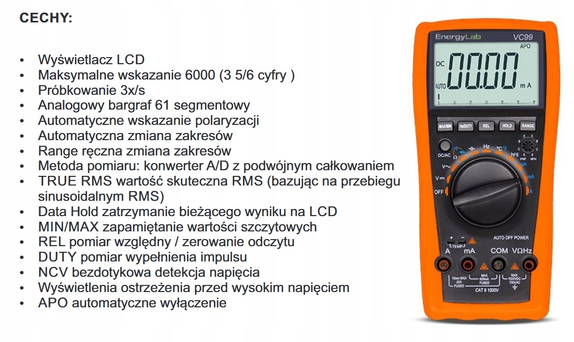 Multimetr VC99 TRMS LCD 6000max, Temp, hFE, Duty Kod producenta VC99