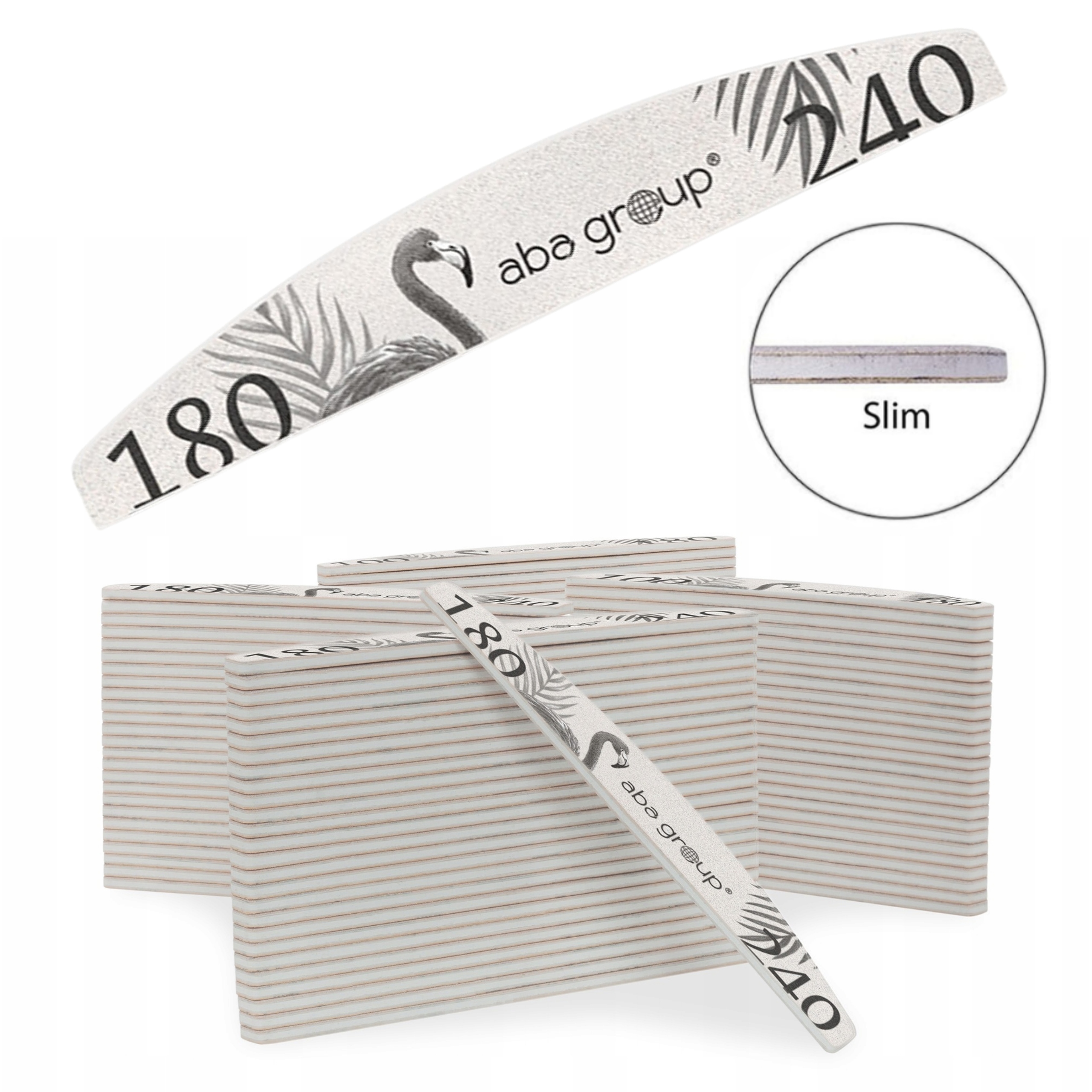 100x Aba group Pilnik do paznokci półksiężyc łódka szary zebra slim 180 240