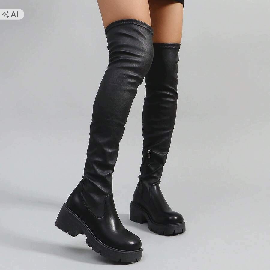 Shein Černé Kozačky Z Ekologické Kůže Na Platformě A Podpatku 40 1 CM