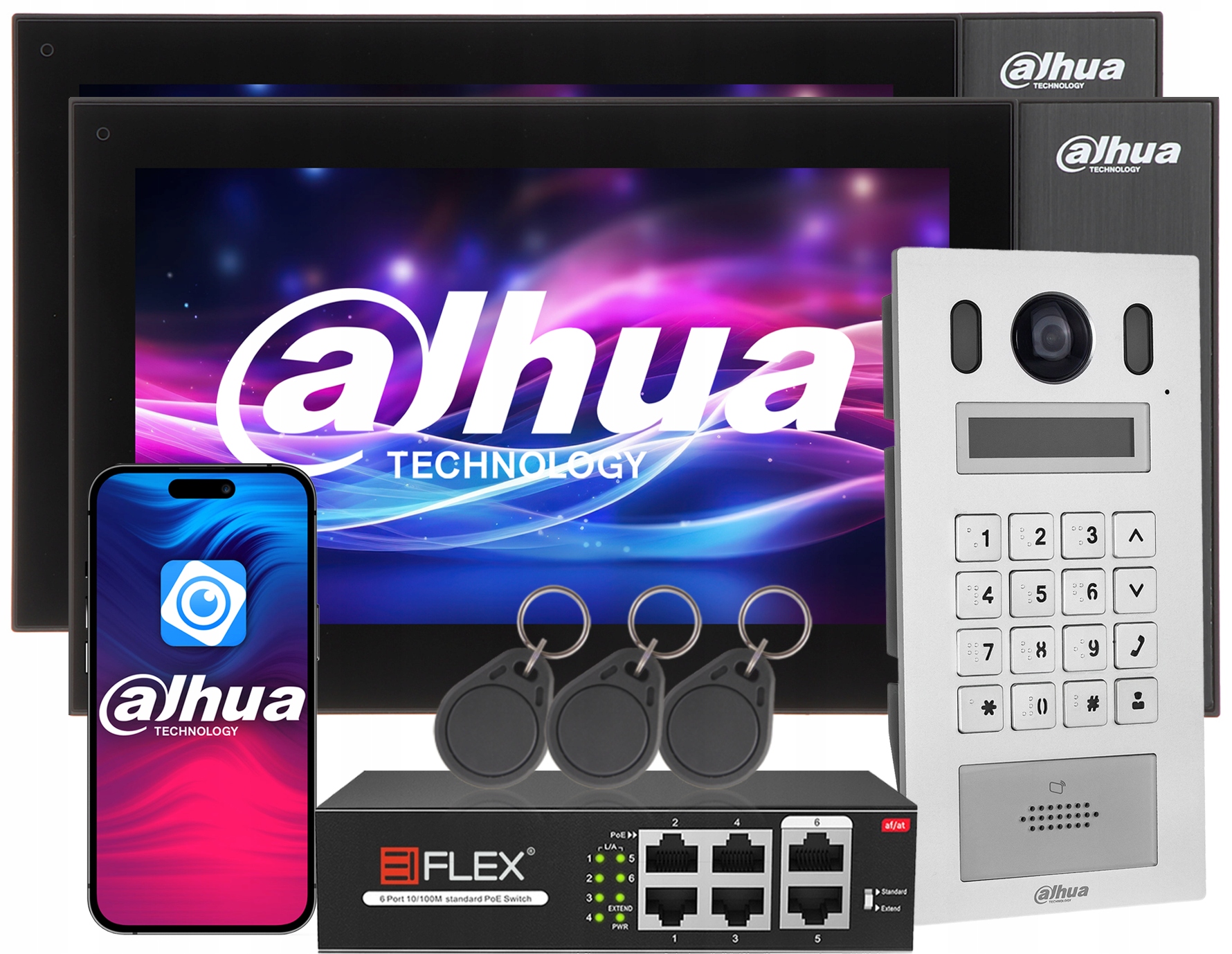 Videovrátnik Ip Dahua s 2 monitormi 7'' LCD Aplikácia Dmss Čítačka kariet