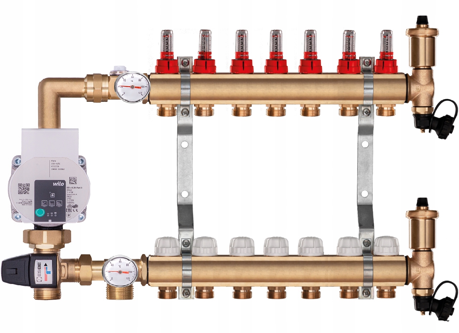 Mosazný rozdělovač pro podlahové topení 7 sekcí s Čerpací Skupinou Wilo