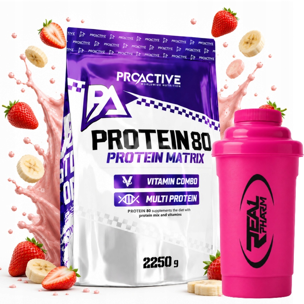 Proteinová směs proteinů ProActive Protein 80 2250g Jahoda Banán Šejker