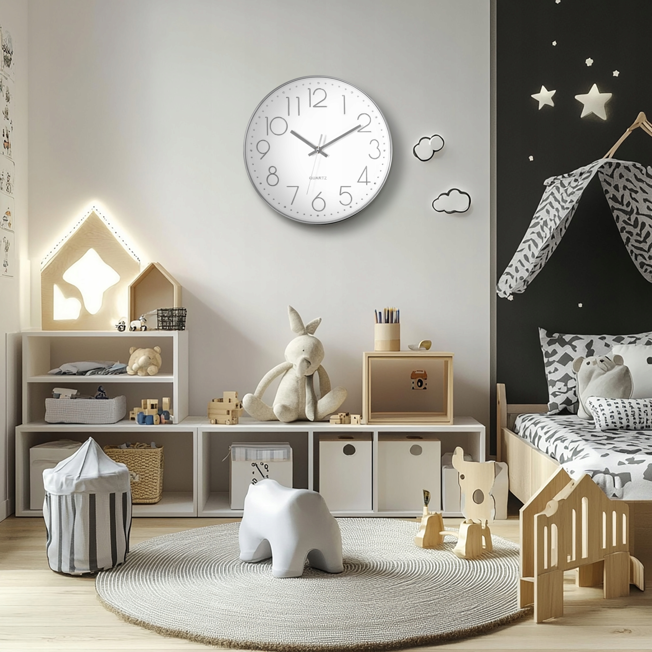 ZEGAR ŚCIENNY DUŻY OKRĄGŁY BEZGŁOŚNY SREBRNY CZYTELNY 30 cm NA ŚCIANĘ Kod producenta 5905454690300