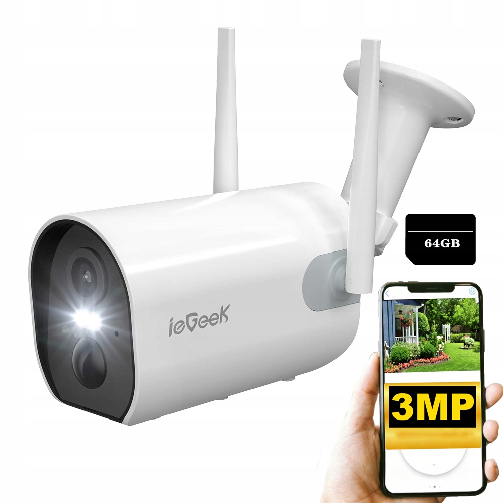 Bezdrátová 3Mpx Wifi 2K kamera s barevným nočním viděním a baterií 64 Gb