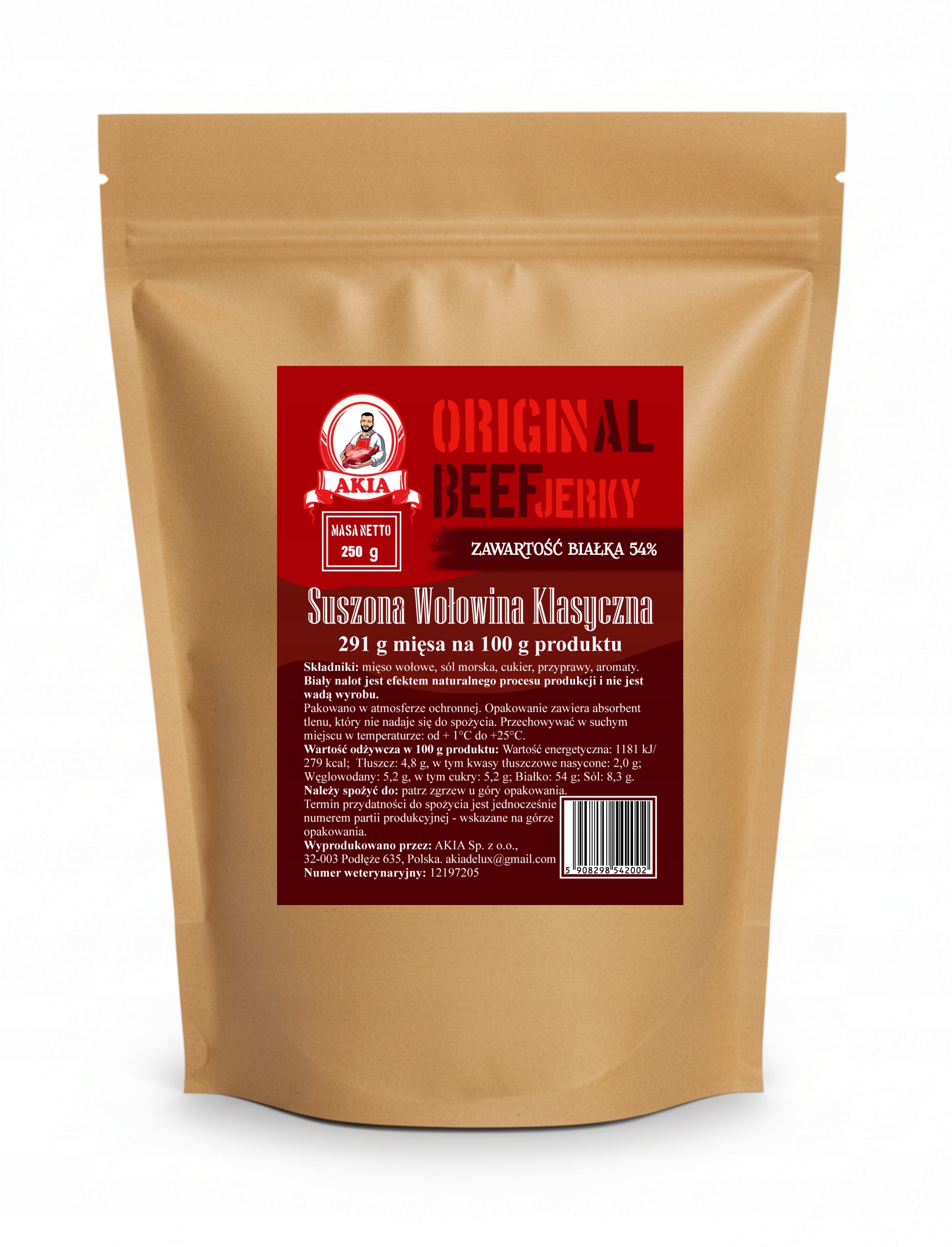 Levně Akia Beef Jerky, sušené maso, sušené klasické hovězí maso 250 g