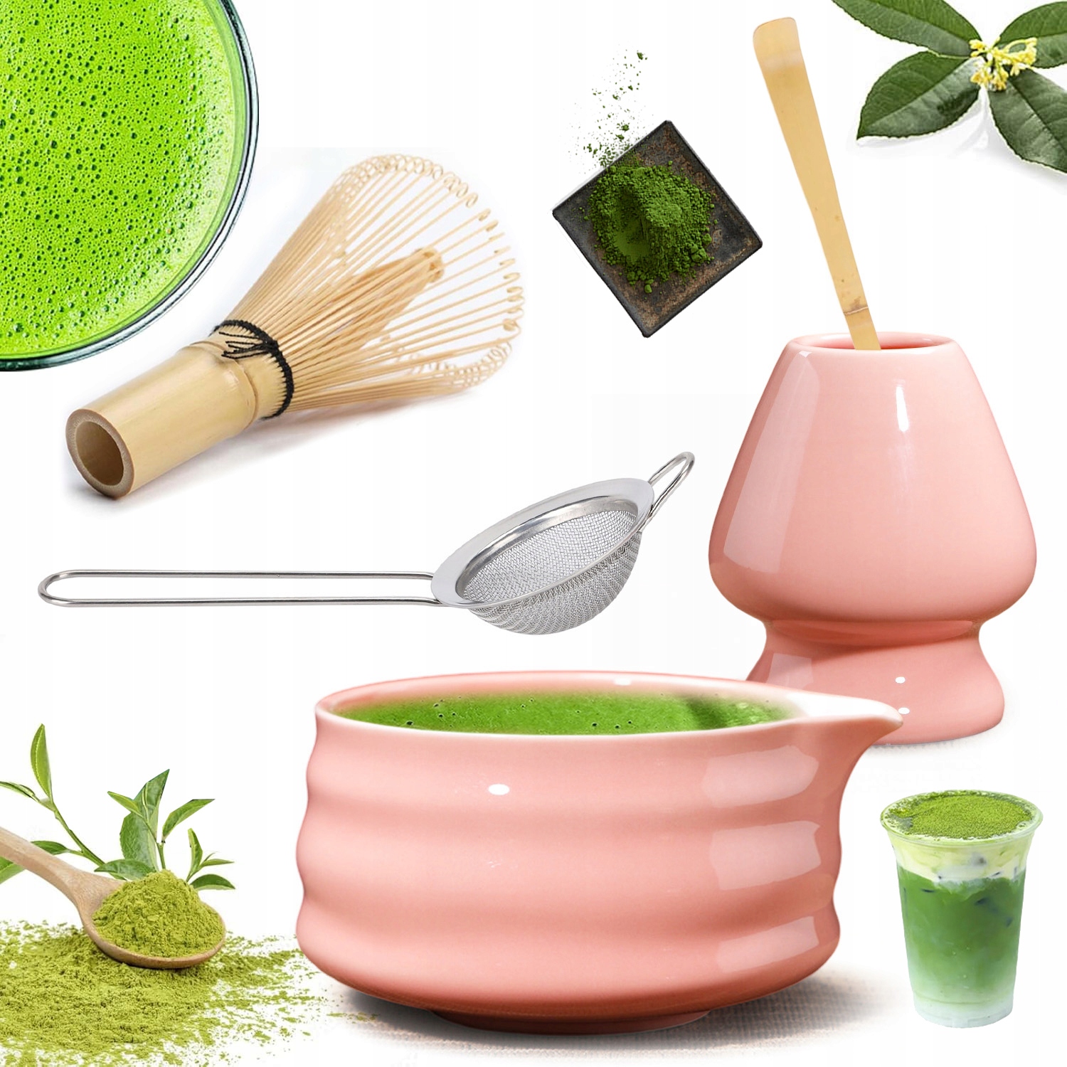 Levně Sada Matcha Bambusová Šlehací Lžíce Keramická Miska Na Matchu 5KS