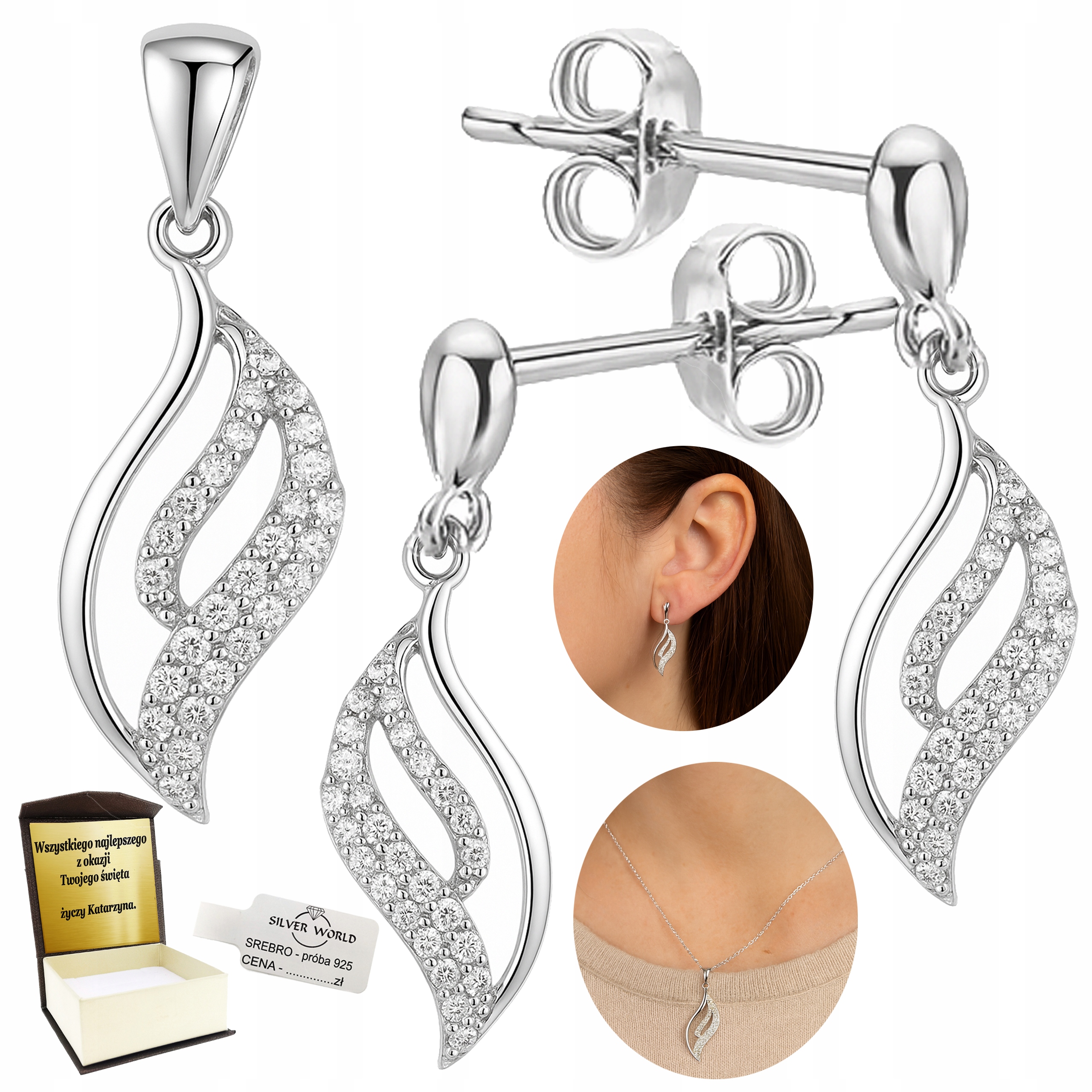 Sada Stříbrných Šperků 925 Zirkony Rhodiovaná Jako Dárek Pouzdro Gravírování