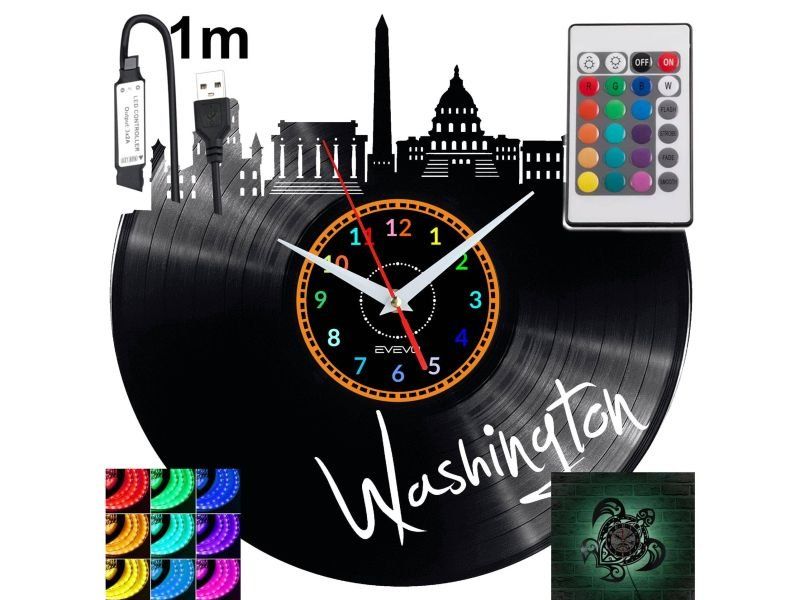 Washington Nástěnné Led Rgb hodiny na dálkové ovládání Vinylová deska Now