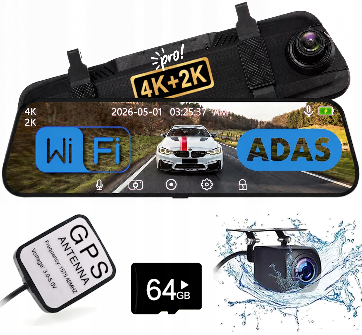 HC611Pro: Uhd záznamník 4K+2K, zadná Qhd kamera, Gps zrkadlo Adas Bsd WiFi
