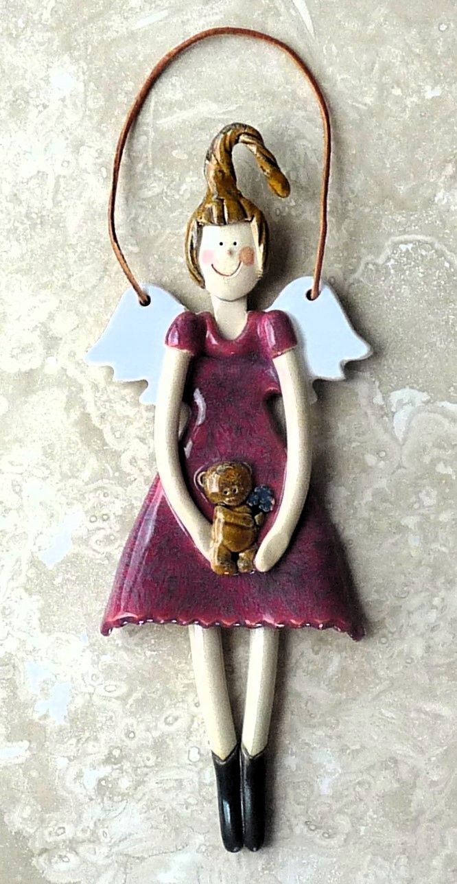 Keramická figurka Anděl Tmavočervený Dívka s medvídkem Dárek 22 cm