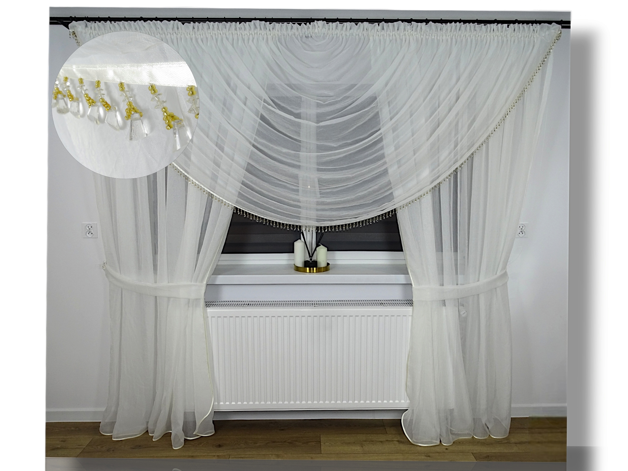 Hotová Záclona Voda Voál Krémová S Korálky Pokoj Salon Kar 3.2 M