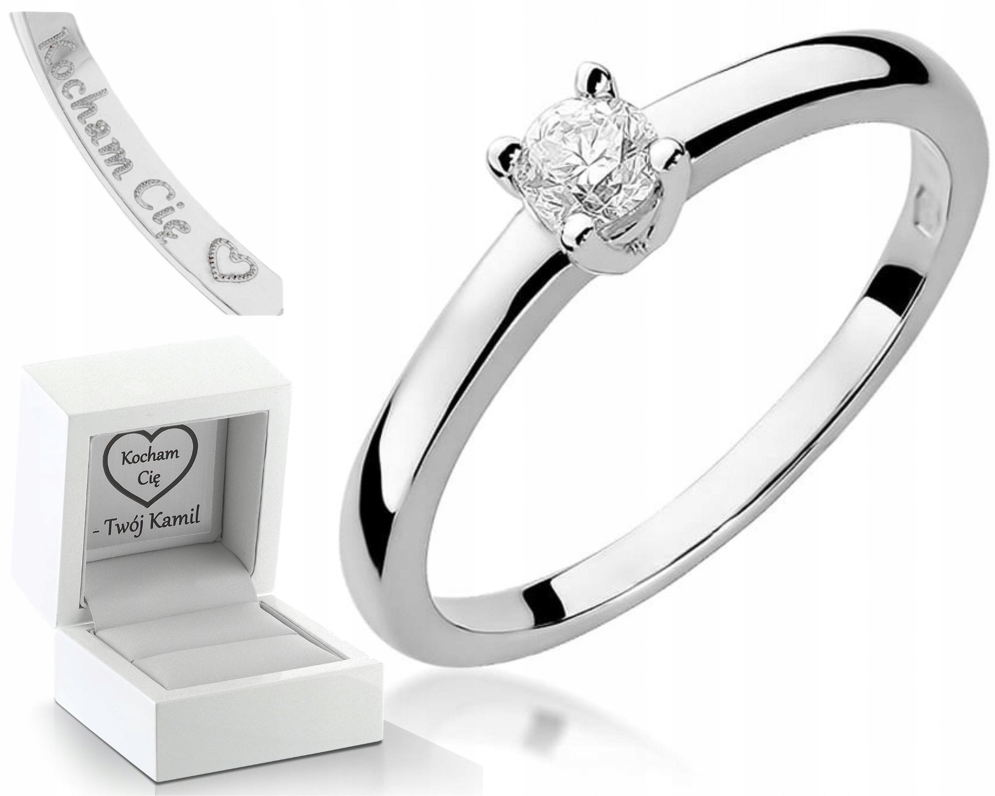 Bílé Zlato Prstýnek Na Zásnuby Diamant Gravírování Bonus 585 Dárek