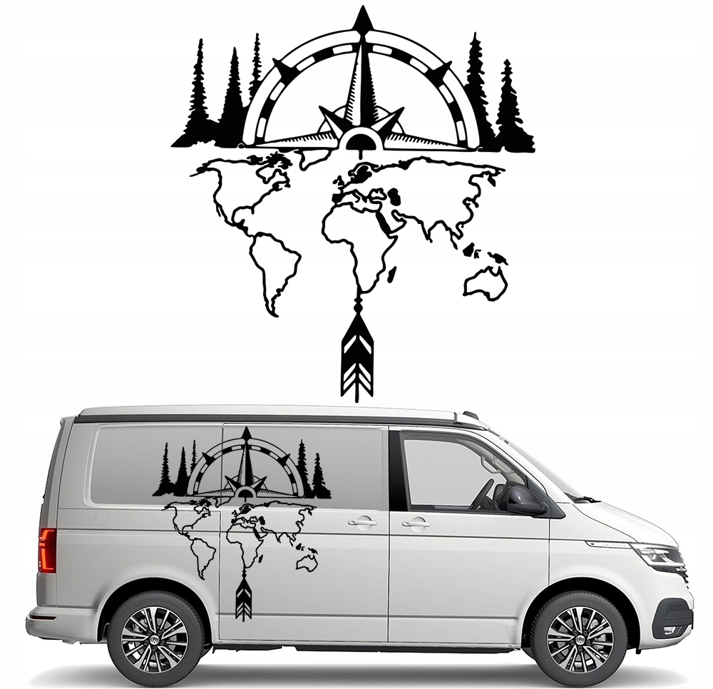 Samolepka na vozidlo karavan Kompas Růže Větrů Stromy Mapa Světa Les 90x98