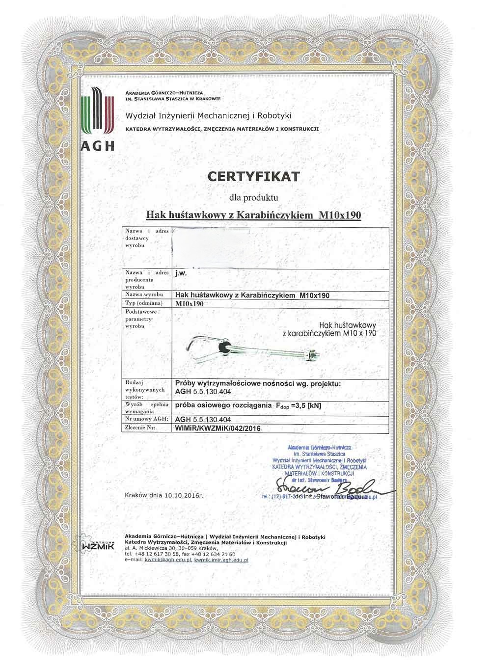 Hak DO HUŚTAWKI Z KARABIŃCZYKIEM M10 CERTYFIKAT Rodzaj mocowanie