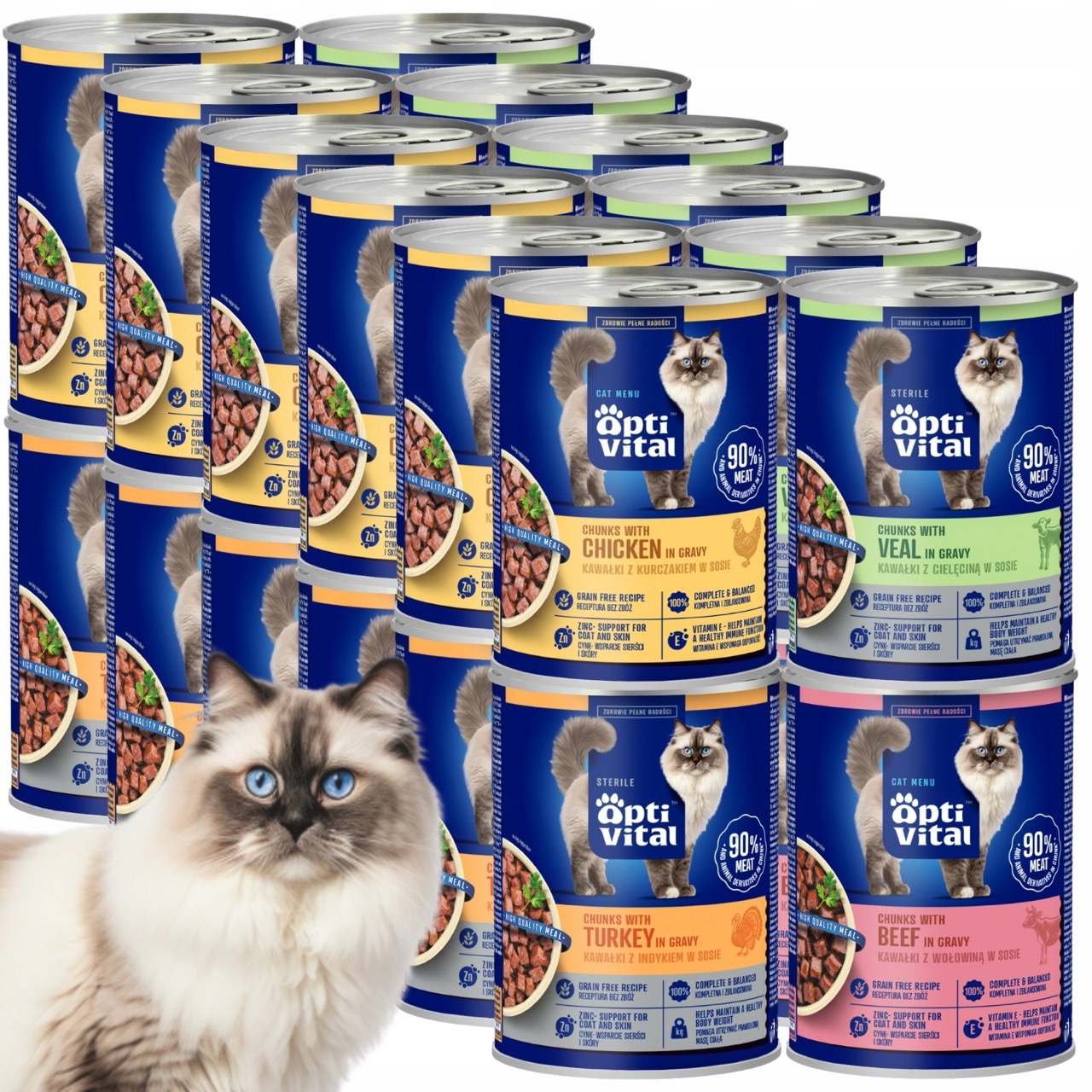 Levně Krmivo Pro Kočky pro kočky bez MIX Chutí v omáčce OptiVital, plechovka 24x415g