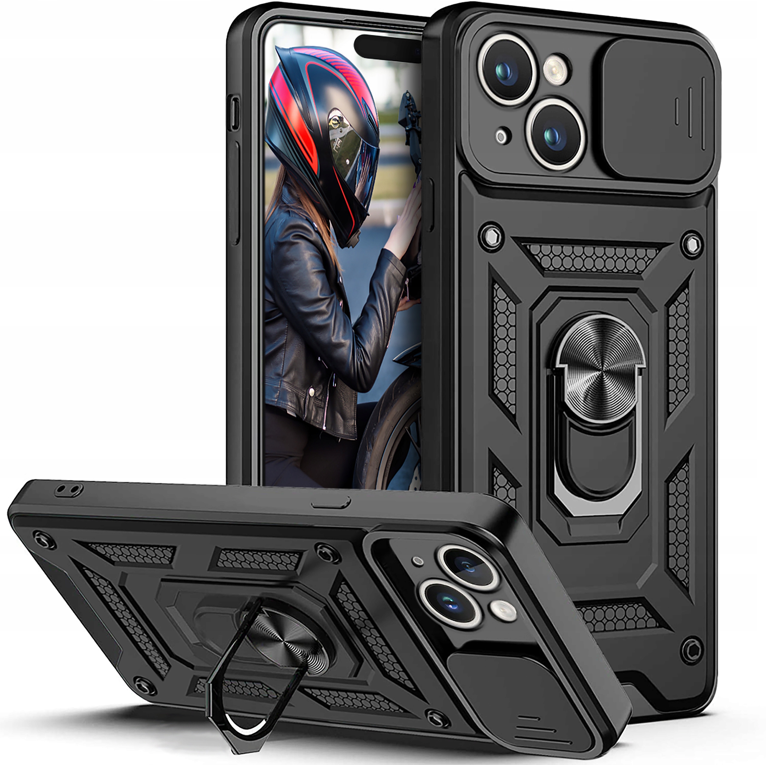 Etui do iPhone 15 Pancerne Slide Ring Szkło 9H