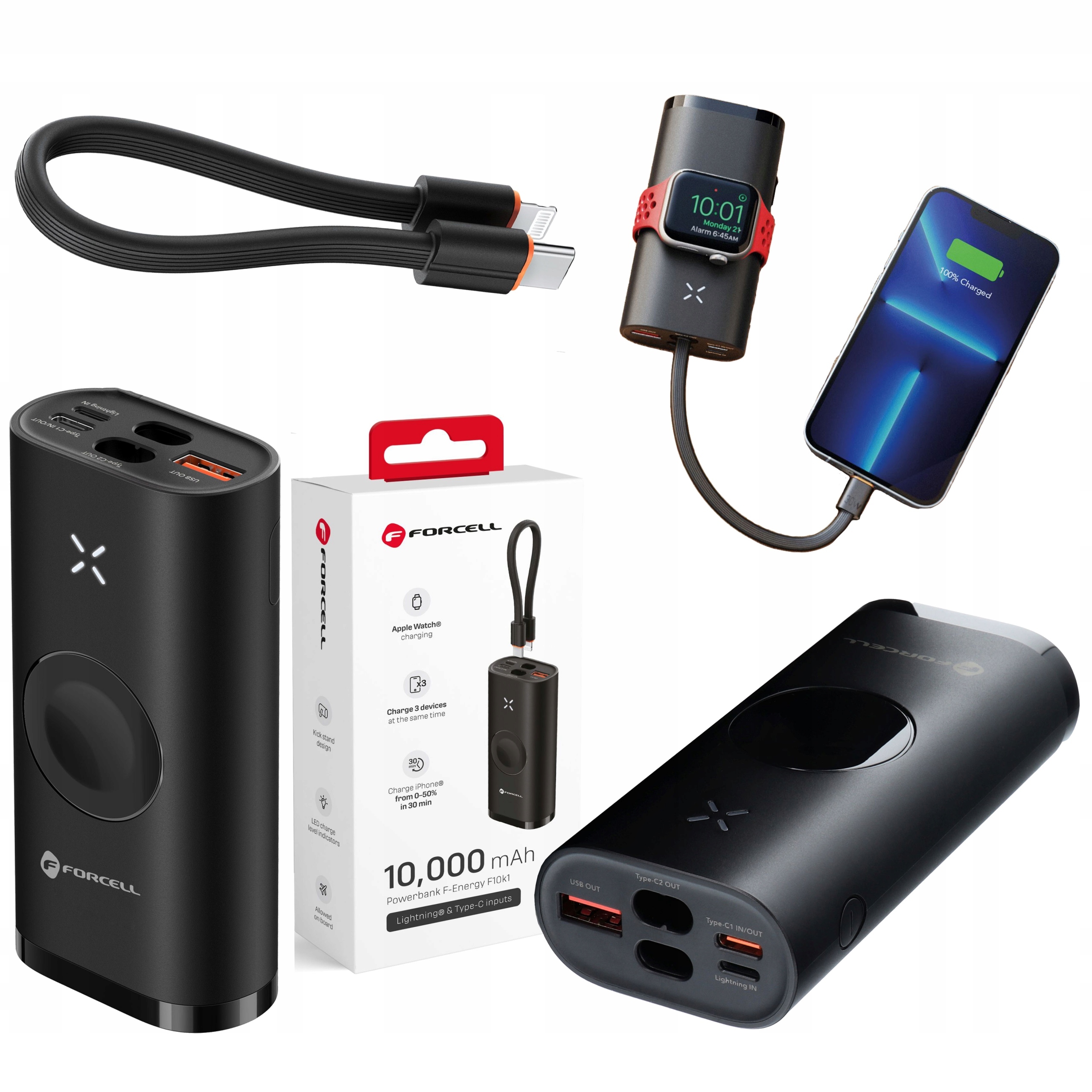 Forcell Powerbank 10000mAh do Apple Watch 9/8/7/6/5/4/SE, do iPhone kabel