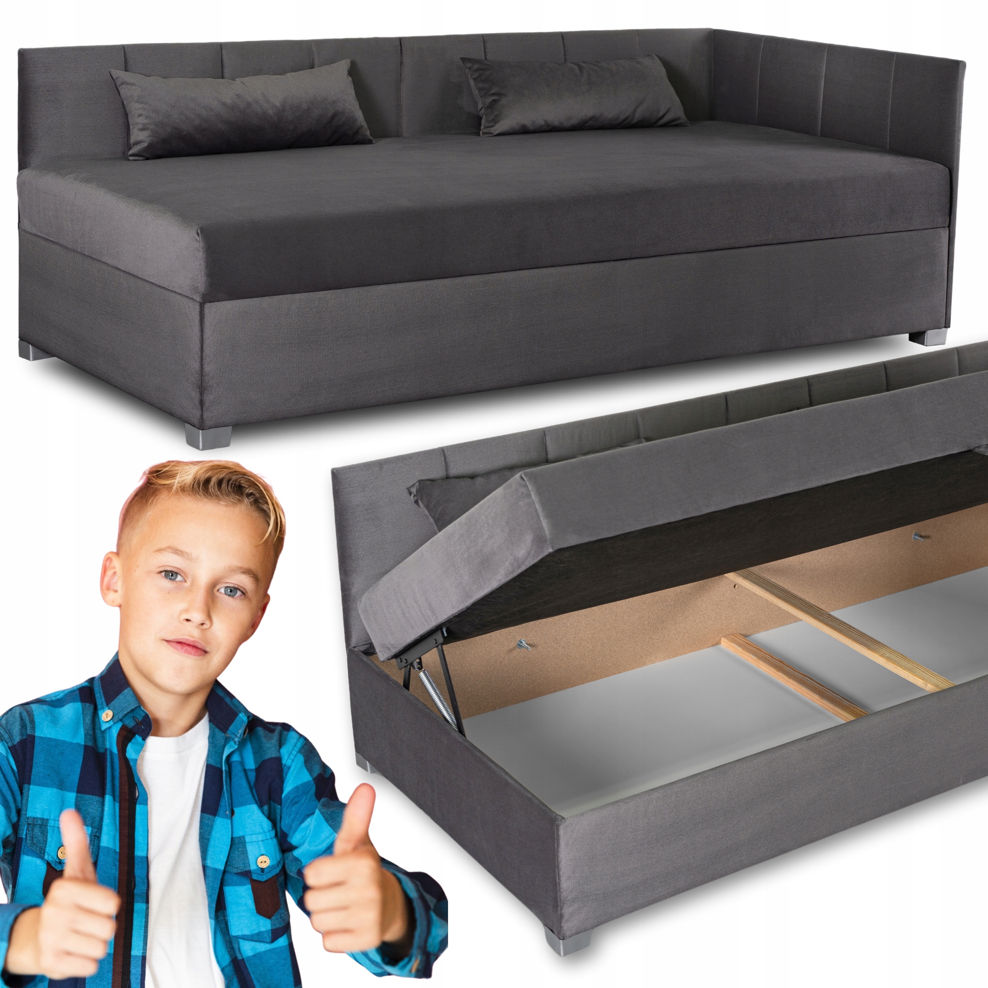 Postel 90x200 Pro Mládež Čalouněná Jednolůžková pohovka Šedá Karo 2