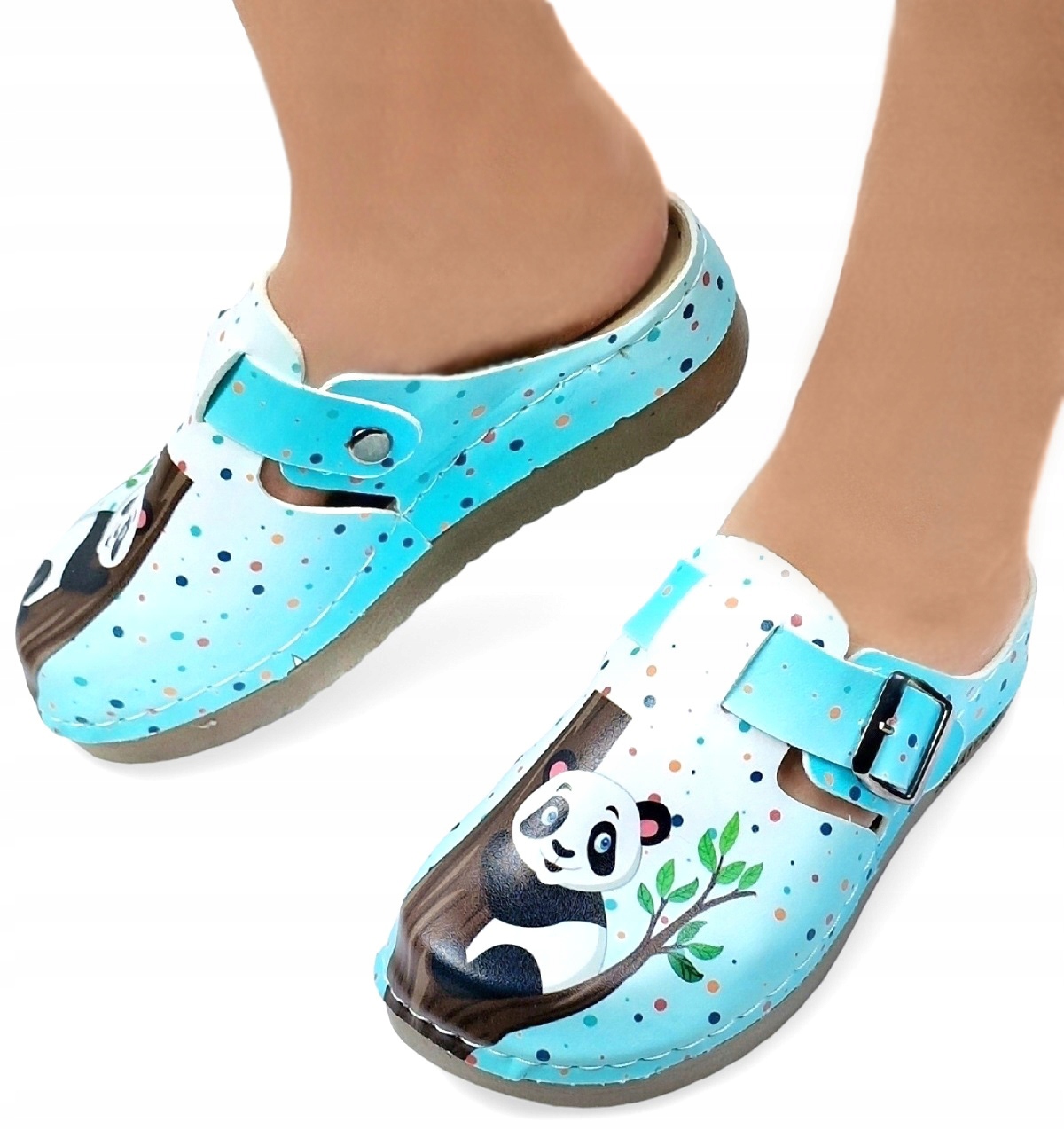 Klapeczki Damskie Zakryte Klapki Wzór Panda Wsuwane Klasyczne z Klamrą *39*