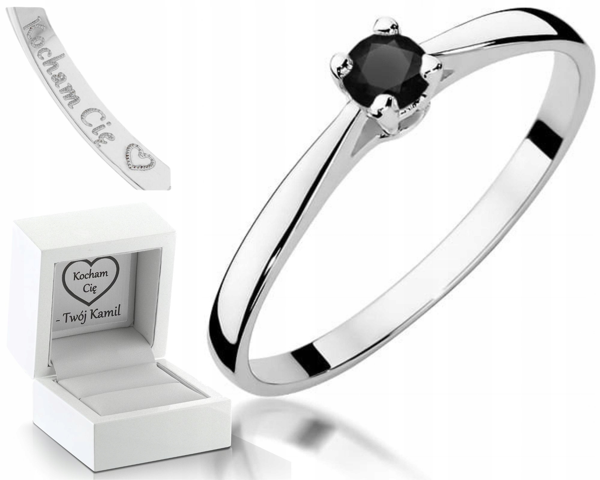 Bílé Zlato Prstýnek Na Zásnuby Černý Briliant Gravírování 585 Bonus