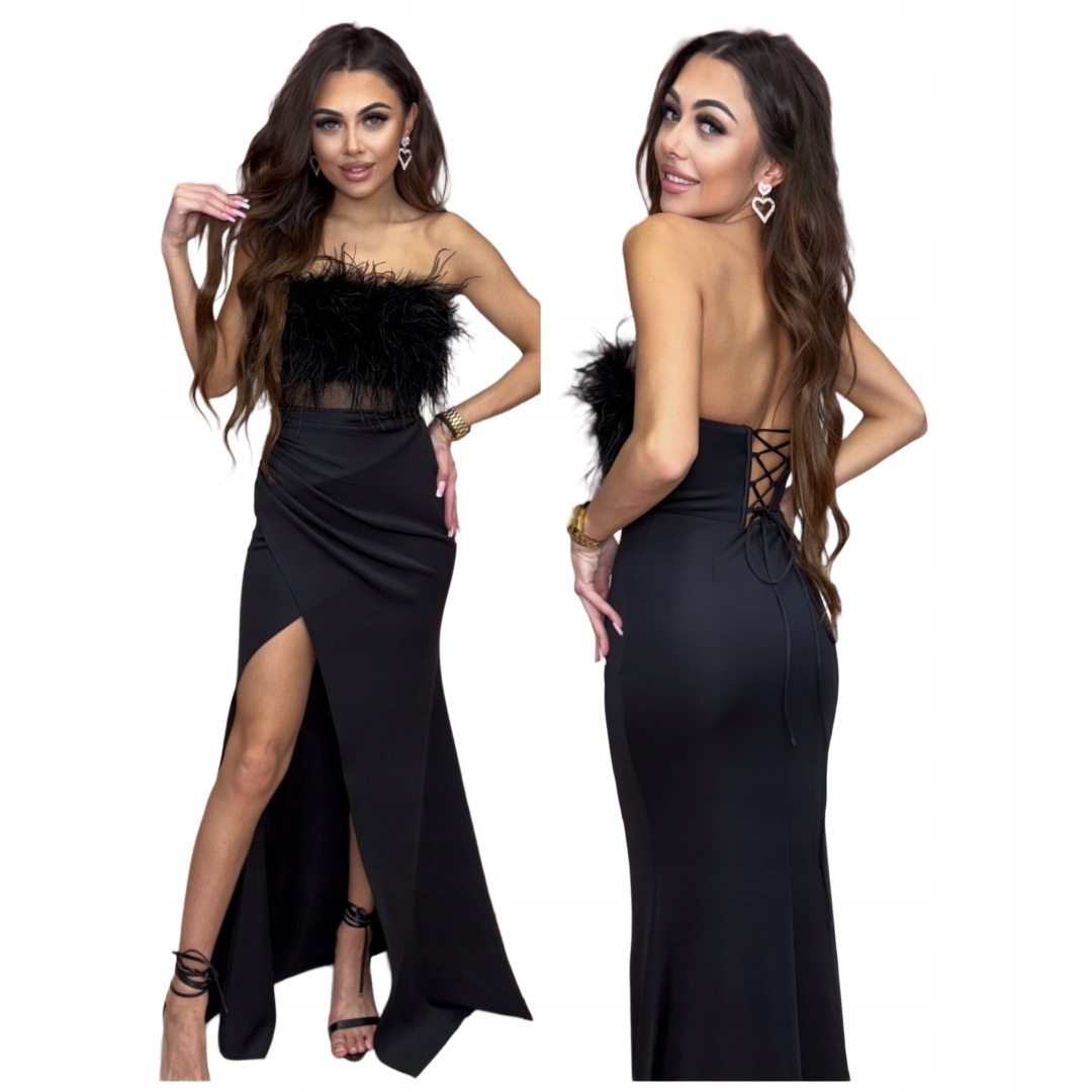 Immer černá dlouhá šaty s rozříznutým peřím a zavazováním na svatební hostina S