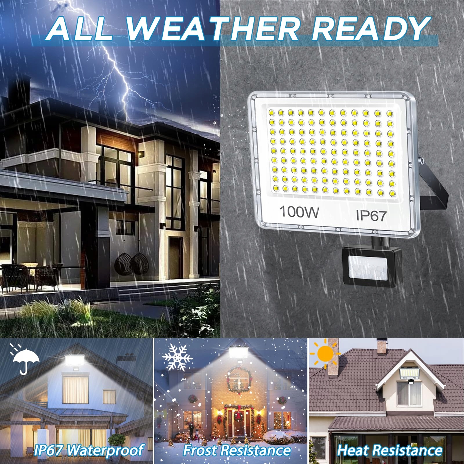 YIQIBRO 100W LED Reflektor z Czujnikiem Ruchu Zimna Biała IP67 Ogród Garaż — miniatura 3