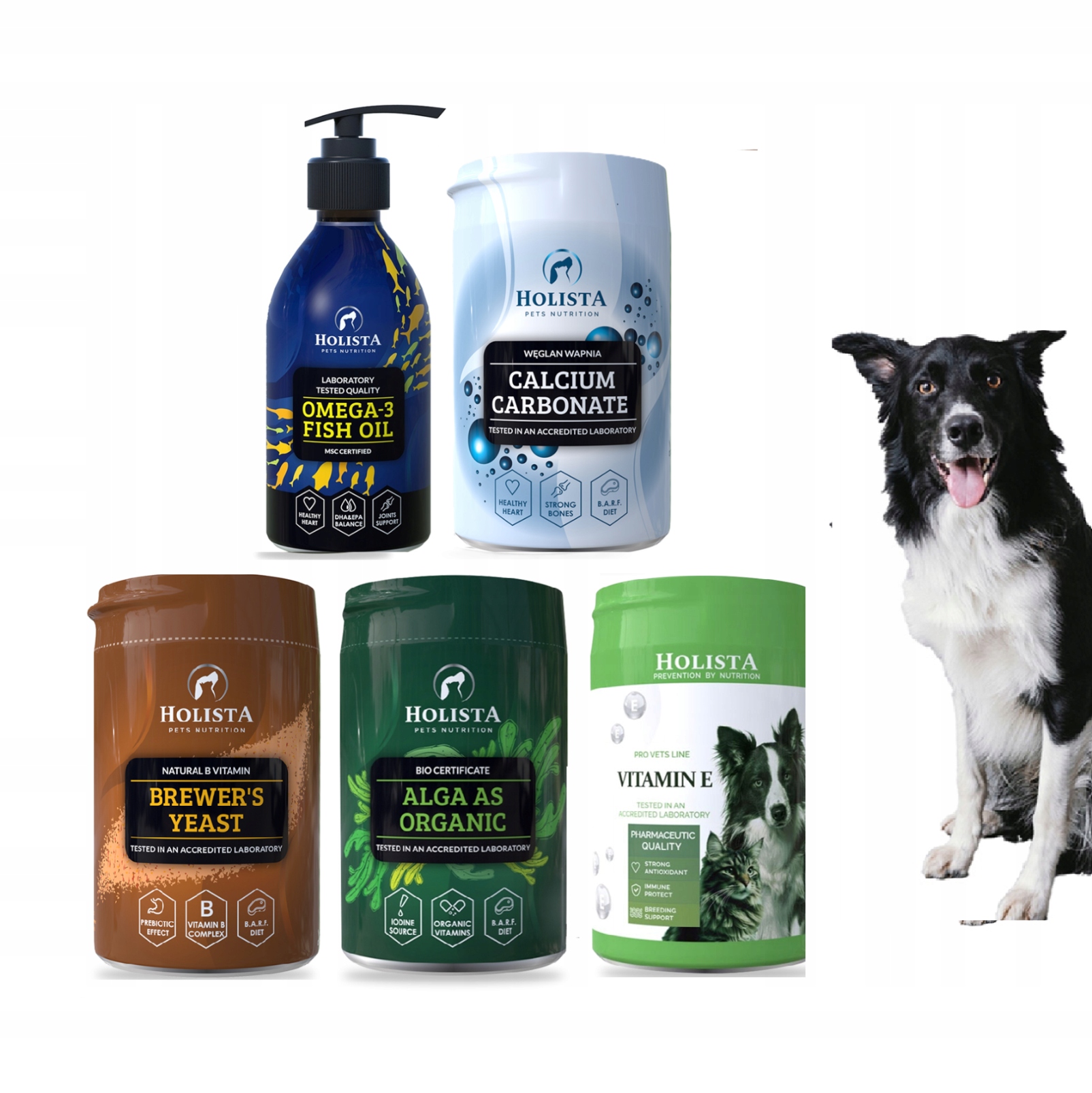 Holista Zestaw Barf 5 Suplementów dla Psa Omega-3 Wapń Algi Drożdże Wit. E