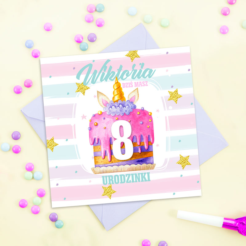 KARTKA urodzinowa Różowy Tort PERSONALIZOWANA Okazja Urodziny