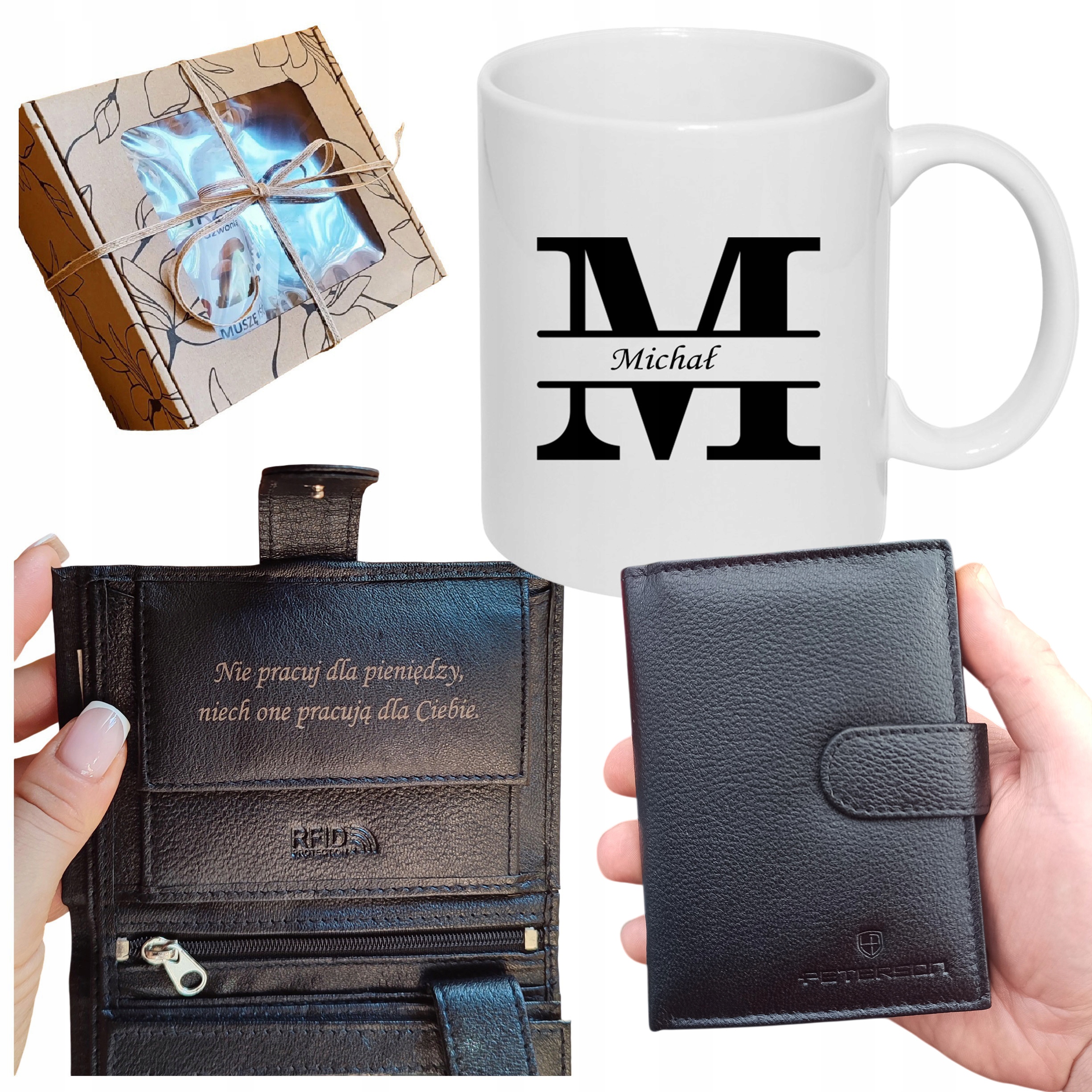 Prezenti Dla Faceta Skórzany Portfel z Grawerem dla Chłopaka Męża Kubek