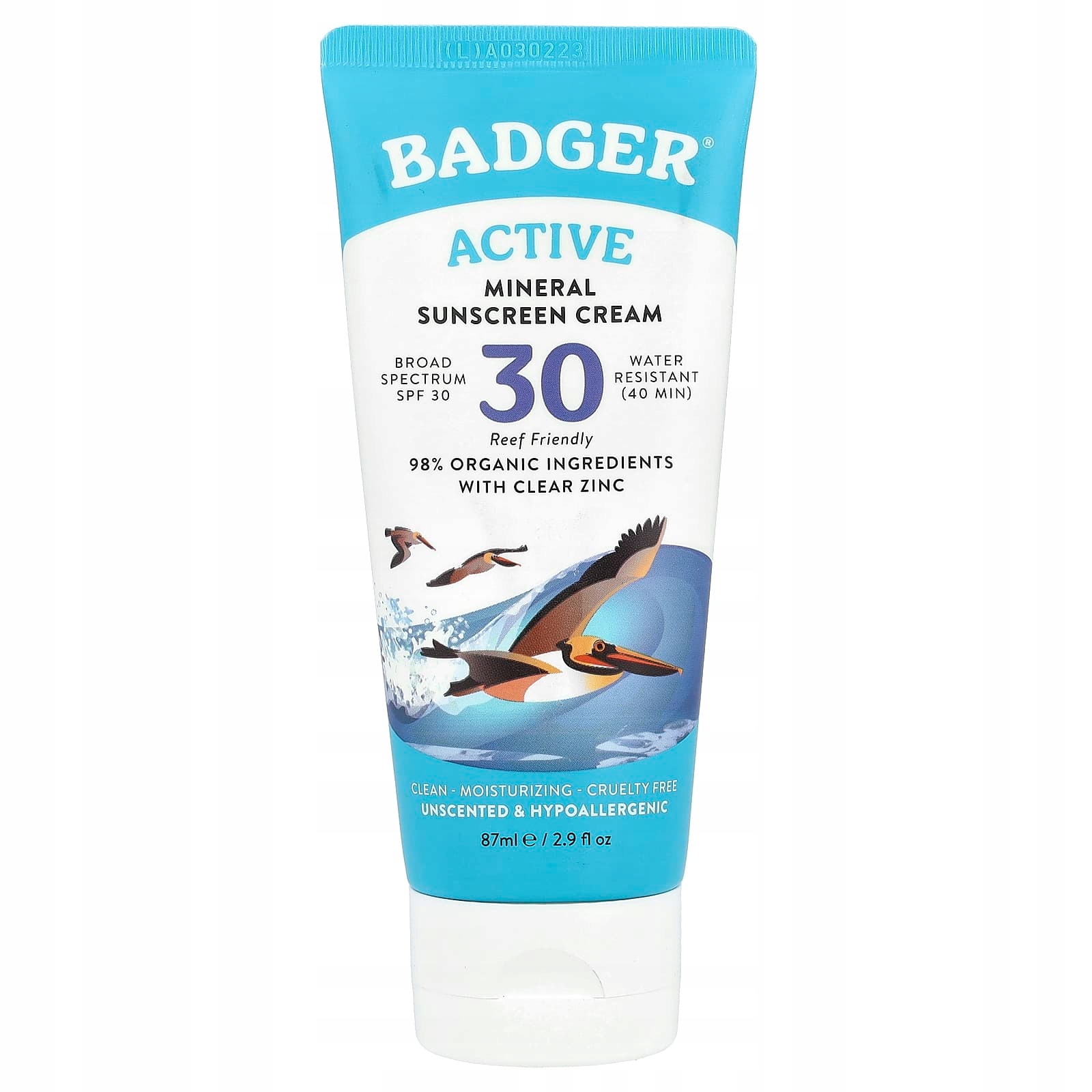 Badger, Aktywny, mineralny krem do opalania, Spf 30, bezzapachowy, 87 ml