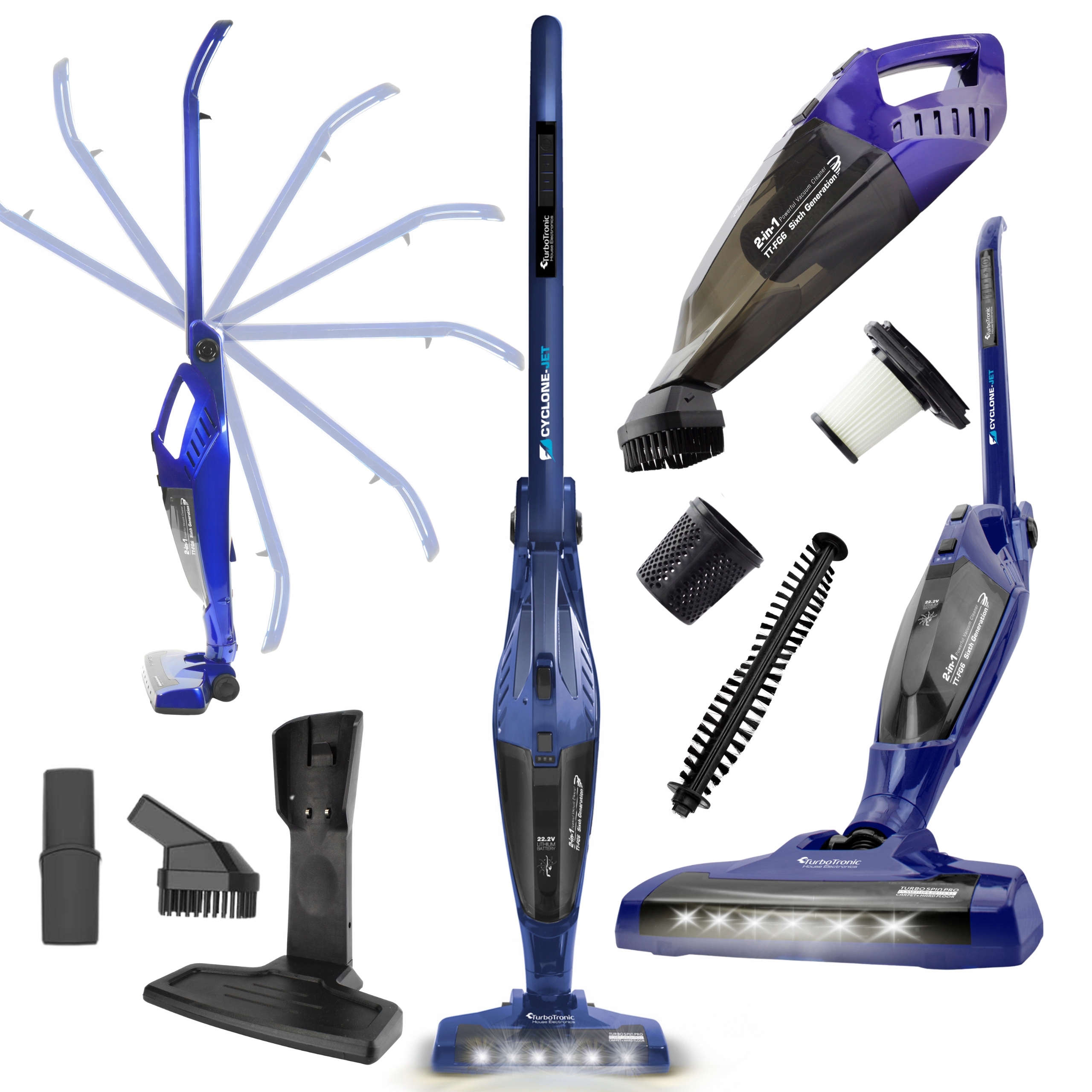 Odkurzacz eko bezprzewodowy TurboTronic pionowy szczotka 22.2v Niebieski, T