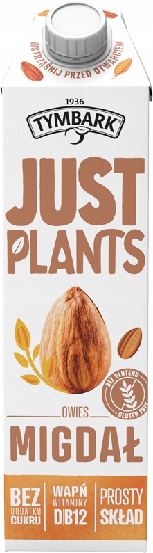 TYMBARK JUST PLANTS MIGDAŁ NAPÓJ ROŚLINNY BEZ DODATKU CUKRU BEZ GLUTENU 1L
