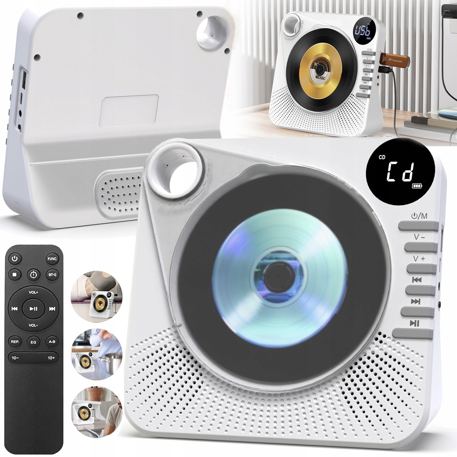 Přenosný CD Přehrávač S Bluetooth Reproduktorem, Rádiem, Aux, Usb A LCD Bílý (MP3)