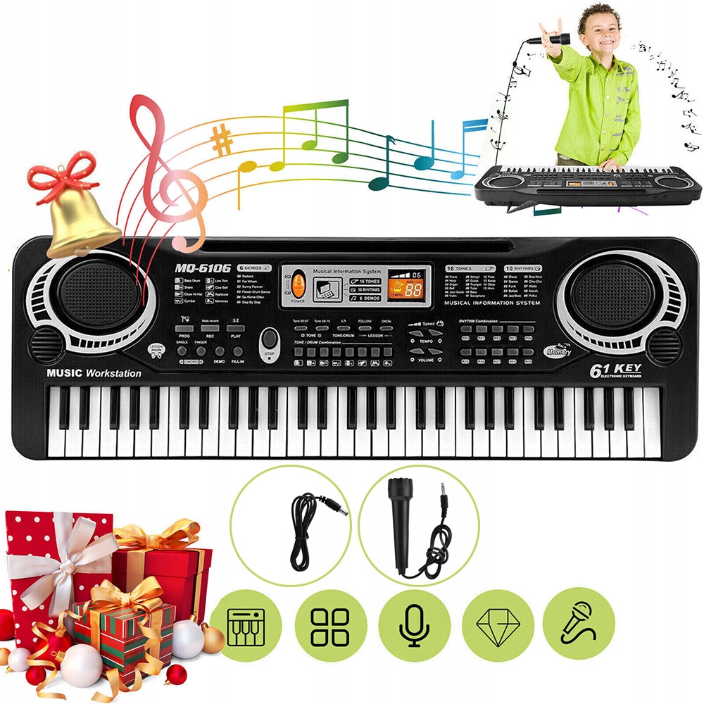 CYFROWA KLAWIATURA ELEKTRONICZNA Z MIKROFON ZEWNĘTRZNY, 61 KLAWISZY, DZIECI