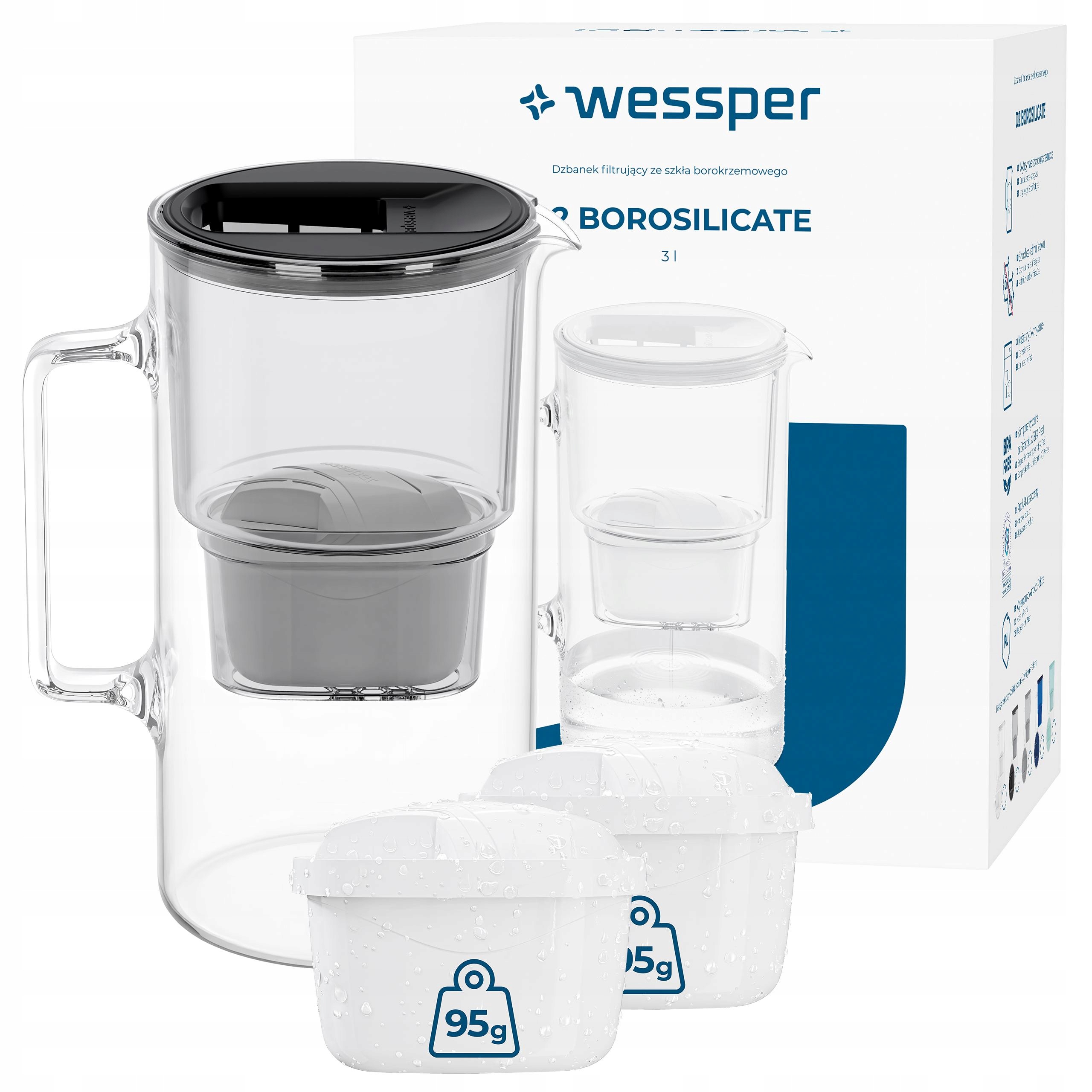 Skleněná filtrační konvice Wessper D2 Borosilicate 3l černá 3x filtr