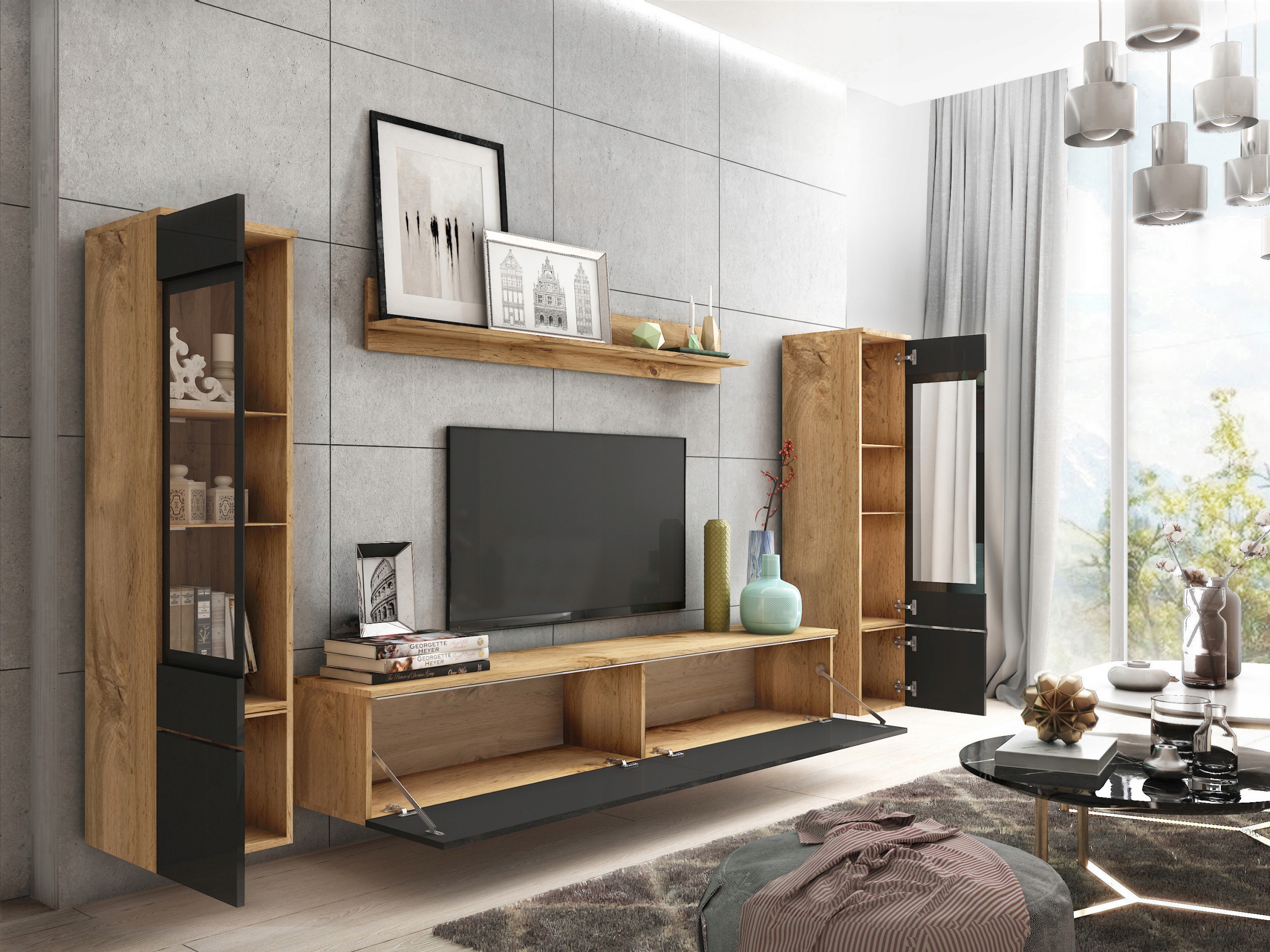 Meblościanka Zestaw mebli VERA II salon Dąb Wotan / Czarny Połysk Kod producenta VRB 000 2