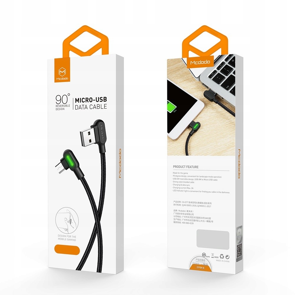 Mcdodo Szybki Kabel Kątowy 90° LED micro USB 0,5m Złącza USB - microUSB typ B