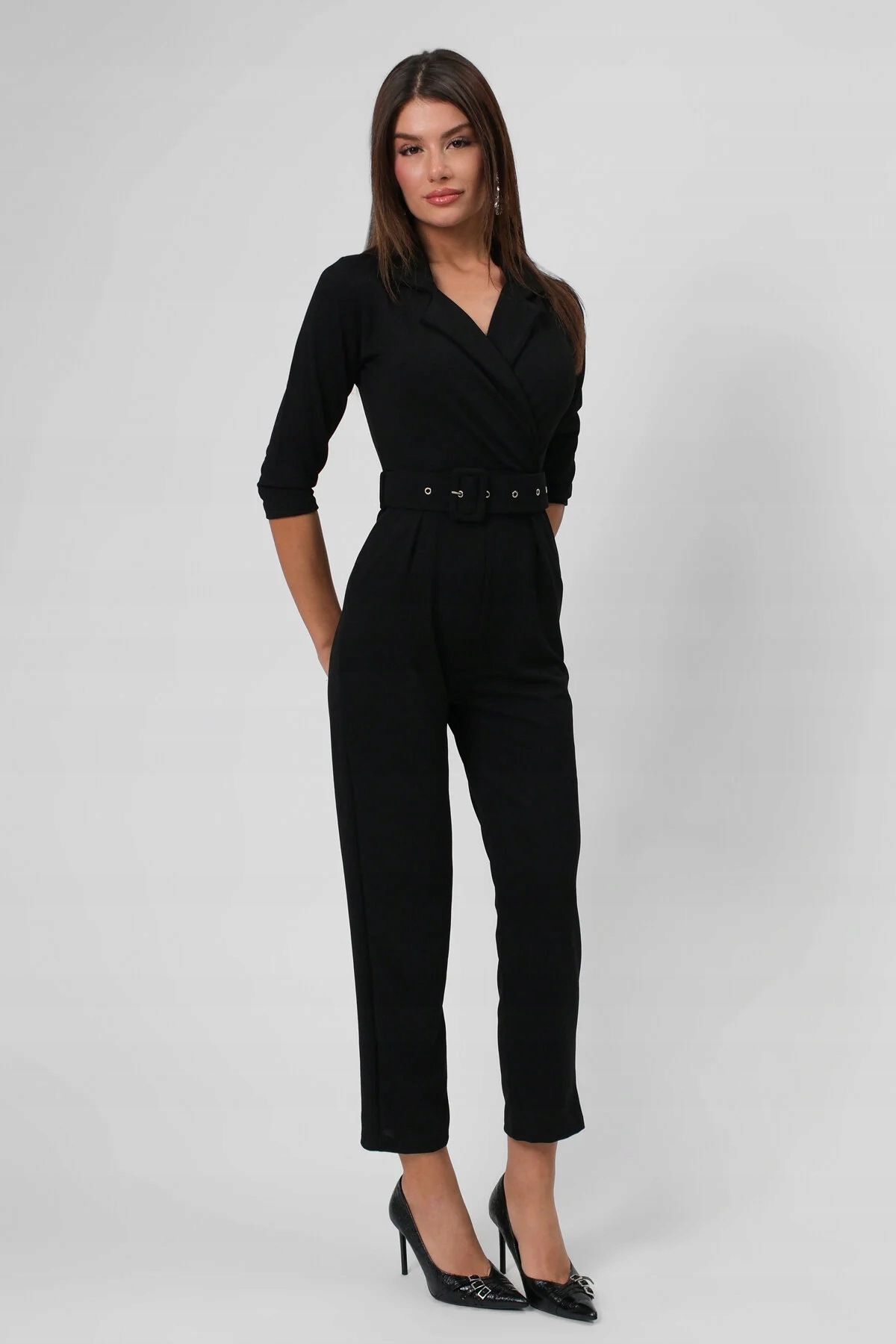 Černá Jednoduchá Šaty S Páskem A Límečkem MIDI 42 5IA