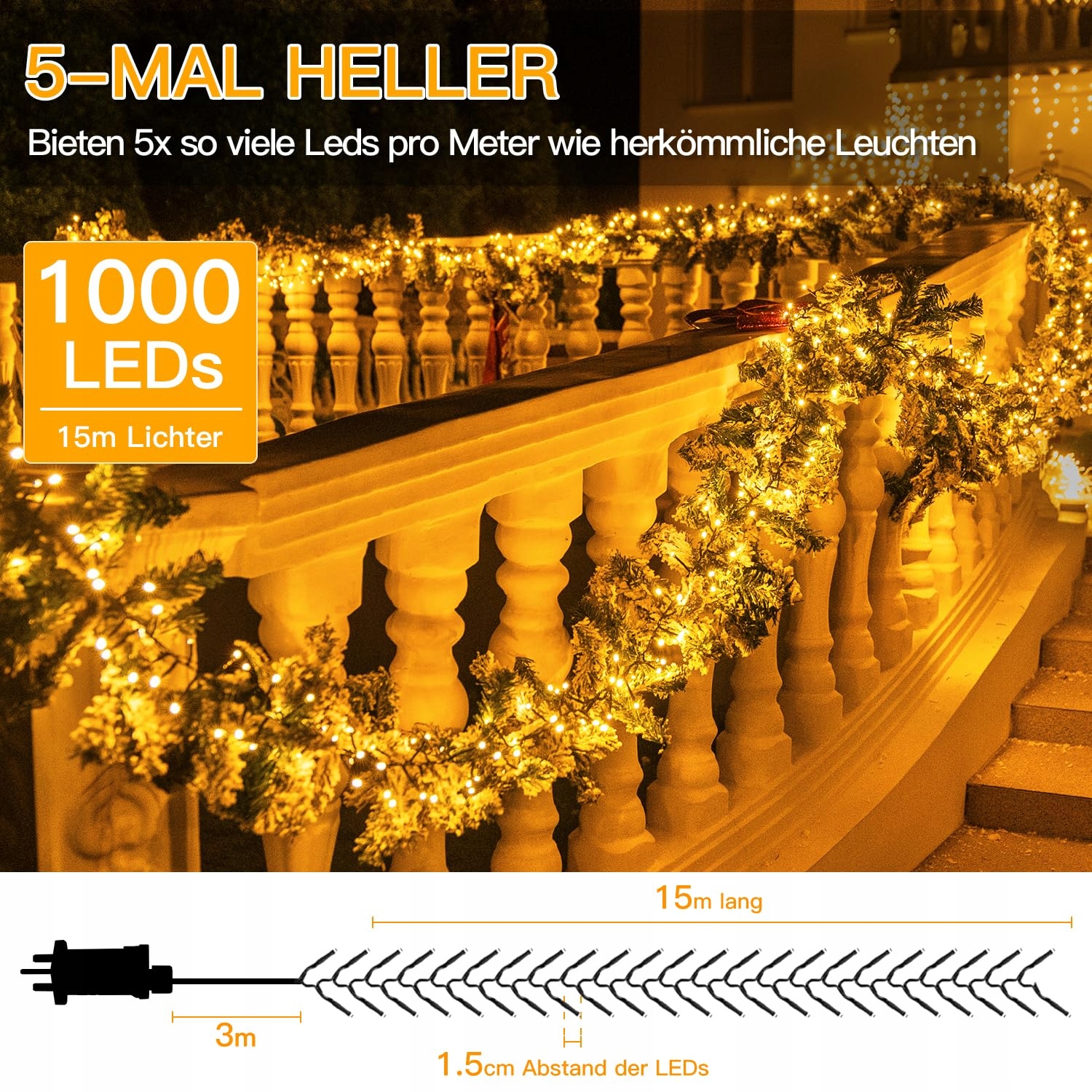 OLLNY LAMPKI ZEWNĘTRZNE CIEPŁE GIRLANDA ŚWIĄTECZNA 15M 1000 LED 8 TRYBÓW — miniatura 4