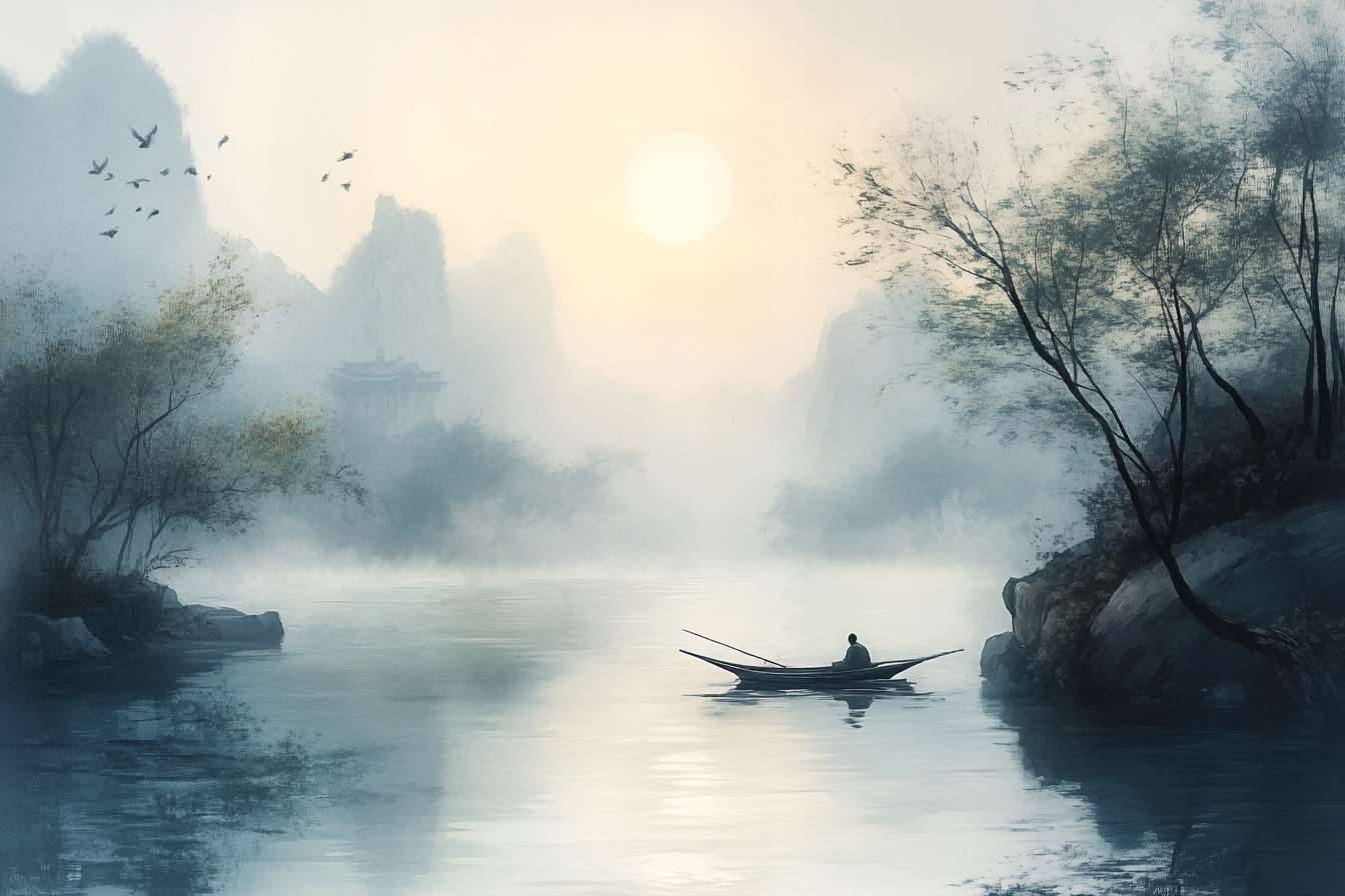 Fototapeta Flizelina Čína Asie Jezero Rybář Loďka Mlha 416x254 130g