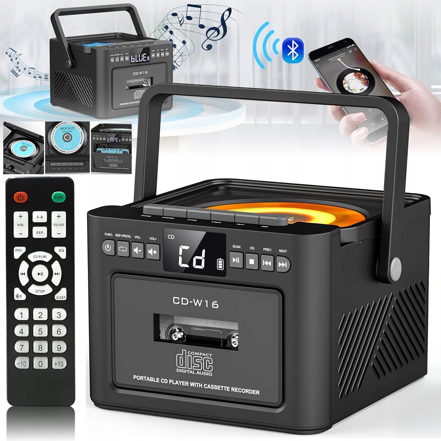 CD Přehrávač Přenosná Bluetooth Kazeta Fm Rádio Discman Reproduktory Černá
