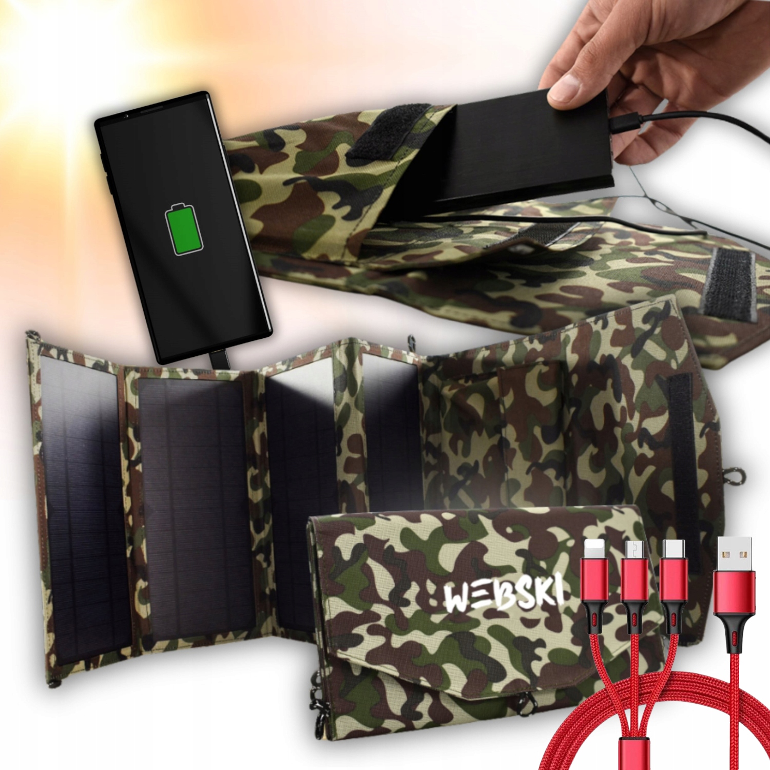 Solární Turistická Podložka 4 Panely 20W 2XUSB Kabel 3V1