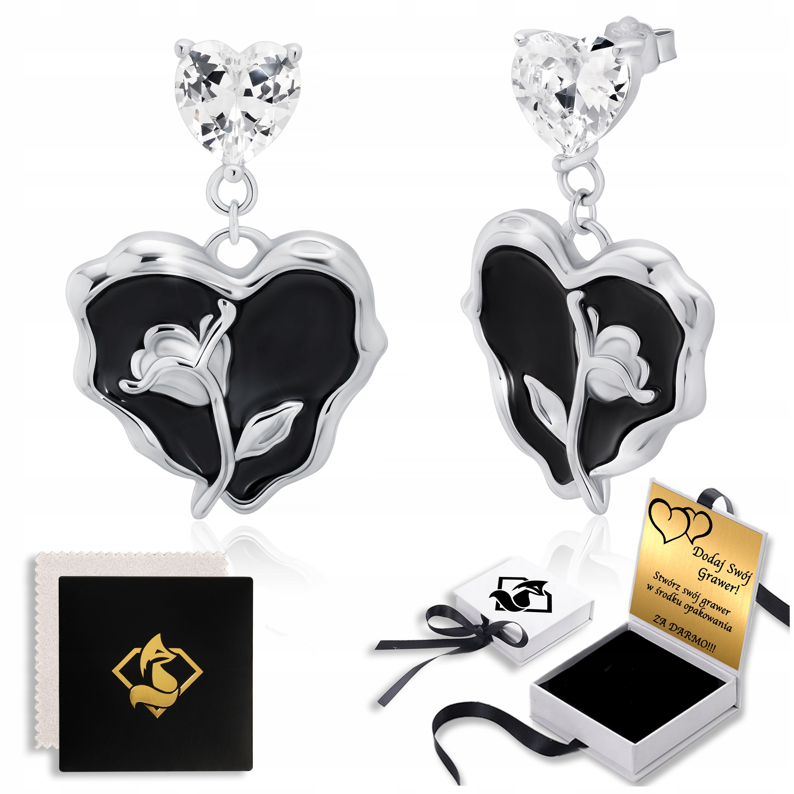 Závěsné Náušnice ve tvaru srdce Stříbro 925 Tyčinky Gravírování Bonus Dárek