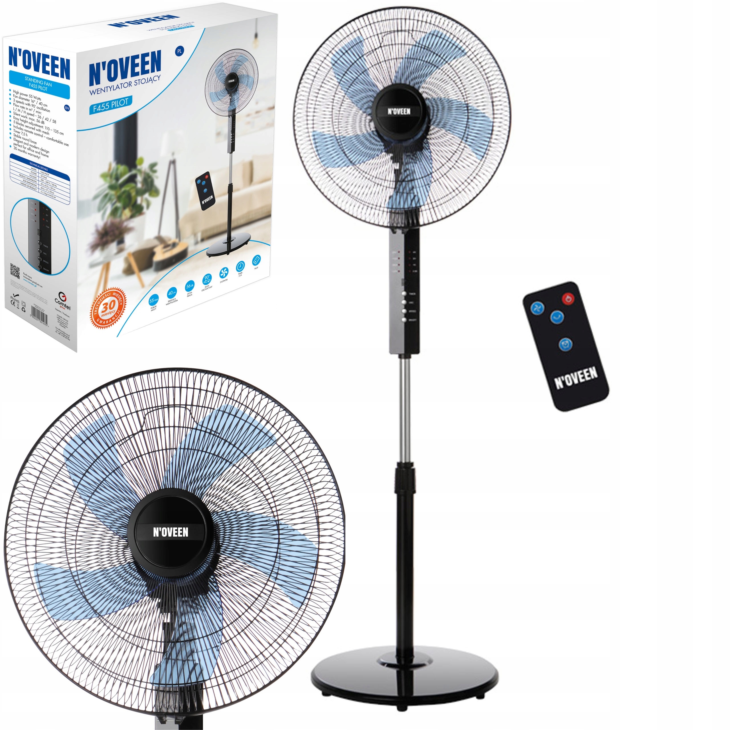 Wentylator Podłogowy Stojący 40CM 55W Pilot Timer Stabilna Podstawa